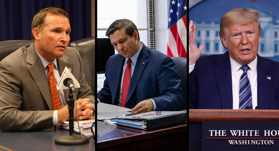 Left to right: Jacksonville Mayor Lenny Curry, Florida Gov. Ron DeSantis, President Donald Trump. 